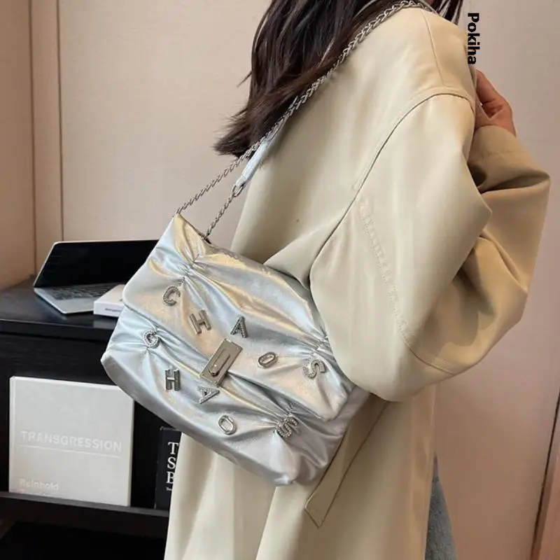 

Женская длинная сумка через плечо с цепочкой и надписью, Универсальная кожаная сумка через плечо, роскошная дизайнерская модная повседневн...