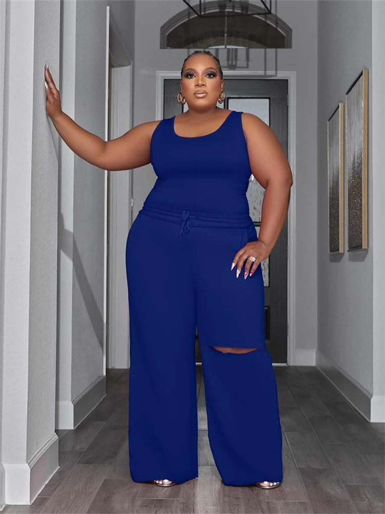 Plus Size Two Piece Set Women Summer Solid Shirts Vest Pants Holes Pockets Fashion Matching Suit Track 3xl 4xl 5xl 6xl