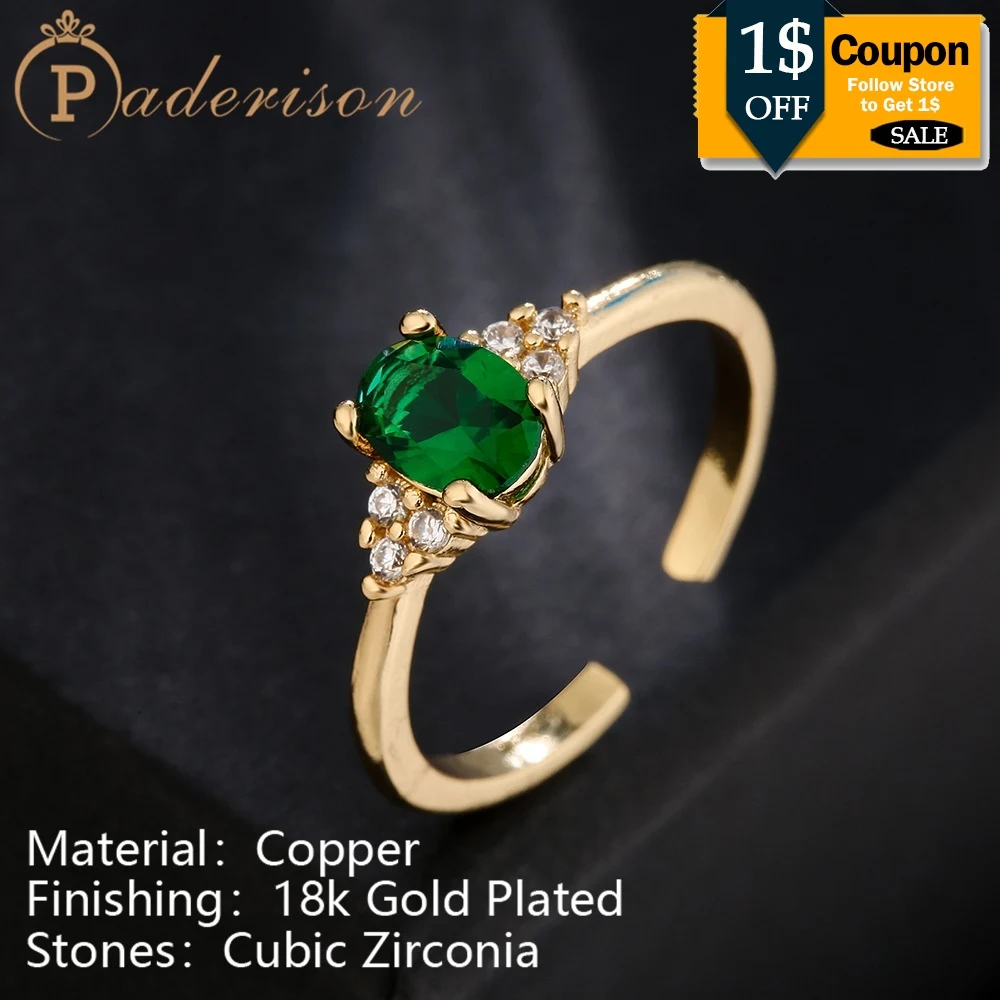 

Vintage Golden Green Zircon Opening Ring For Women Copper 18K Gold-Plated Geometric Adjustable Retro Luxurty Party Shiny Ring