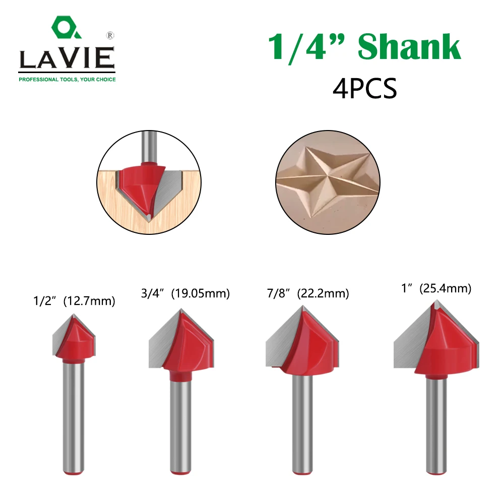 LAVIE 4pc 1/4 shank  90 V Type Slotting Cutter Carving Grooving Tools router bit set Safety Milling Cutters