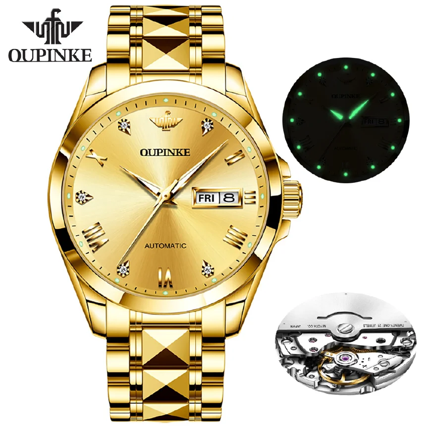 

OUPINKE Original Gold Watch for Men Luxury Automatic Mechanical Sapphire Crystal Fashion Diamond Waterproof Wristwatch Gift