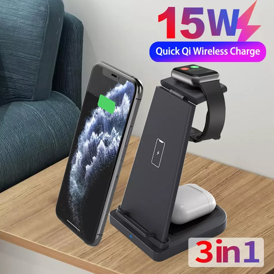 

Qi 3 in 1 Dock Support Station Wireless Charger Holder For Apple Watch 5 4 3 2 iPhone 11 12 SE Pro XR Xs Max Samsung S9 S10 S20