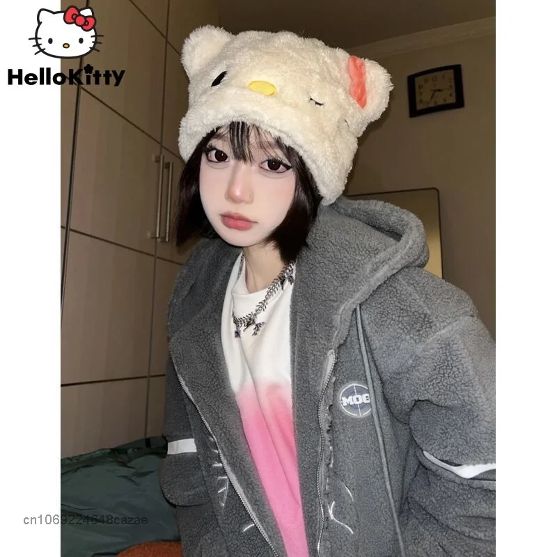 Sanrio Hello Kitty Plush Ear Cartoon Cap 2022 New Autumn Winter Cute Warm Hat Y2k Sweetheart Spice Girl Thicken Hat For Women