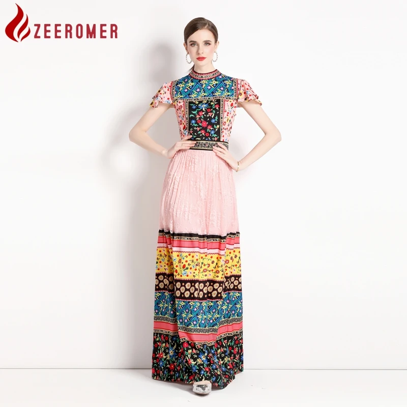 

Женское кружевное платье-макси ZEEROMER 2023, летнее подиумное дизайнерское платье с принтом в стиле пэчворк, облегающее длинное плиссированное платье с круглым вырезом