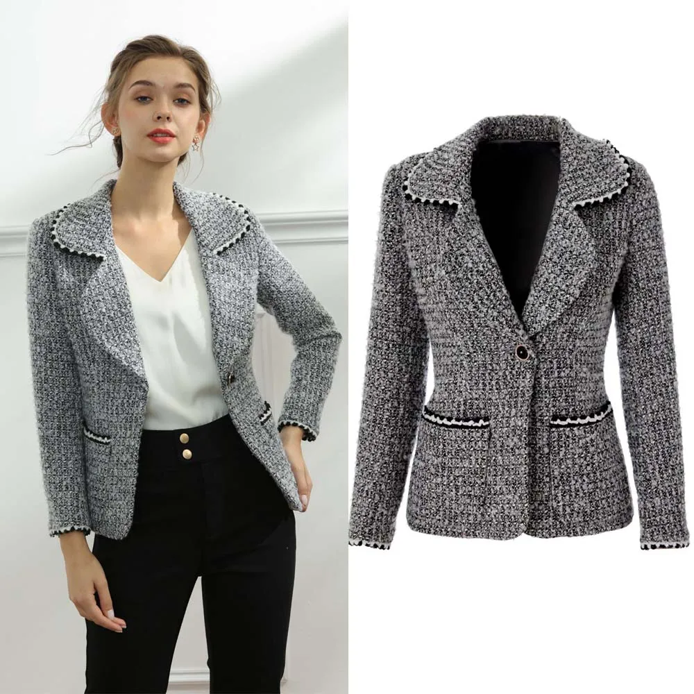 

Осень и зима 2022 темперамент: классическое, универсальное, серое твидовое, приталенное и ароматное, Женское пальто с карманами на одной пуговице