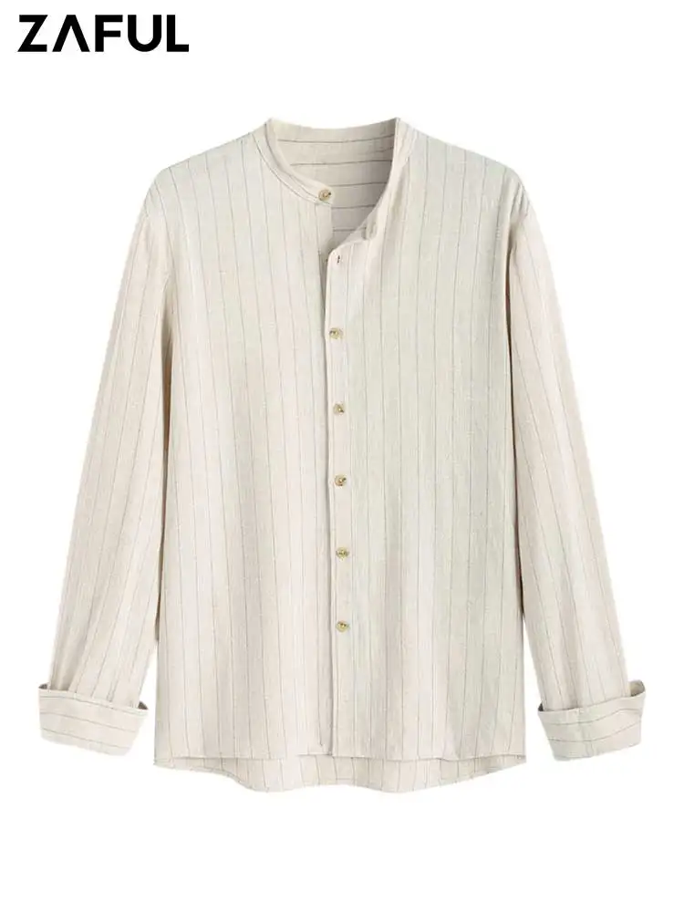 

ZAFUL Solid Men's Shirts Casual Linen Textured Pinstripe Long Sleeve Shirt Stand Collar Button Up Streetwear Tops Z5102551
