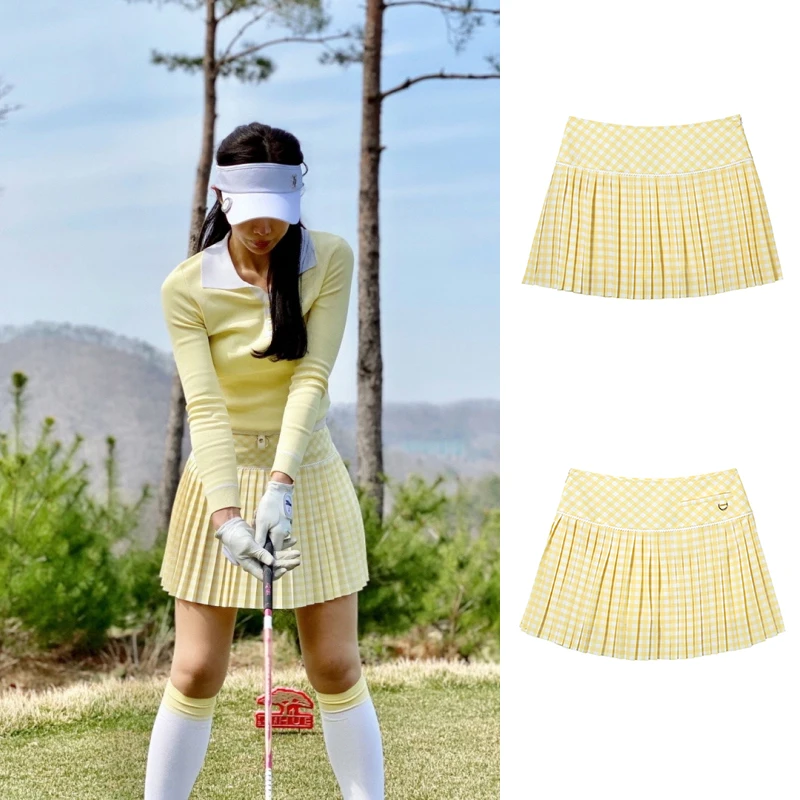 

Brand FL New Golf Skirt Women's Summer And Autumn Plaid Yellow Pleated Skirt High Waist Slimming Sports Anti - naked Skirt