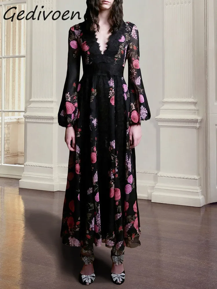 Gedivoen Fashion Designer Summer Vintage Dress Women's Lace V-neck High Waist Ruffles Holiday Party Black Print Slim Midi Dress