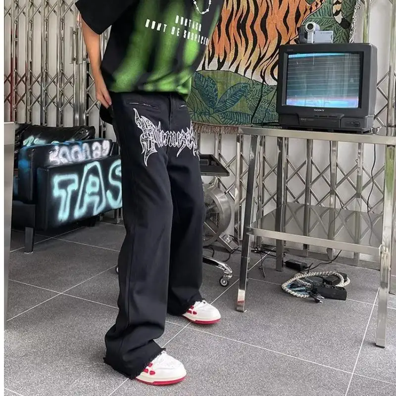 Oversized Men's Y2K Clothes White Men Embroidery Vintage Baggy Jeans Straight Denim Cargo Wide Leg Pants Trousers Streetwear