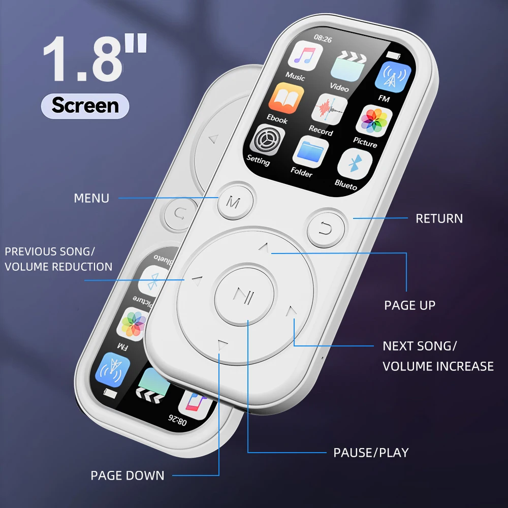 Фото Bluetooth 5,4 MP3-плеер 1,8-дюймовый экран Портативный музыкальный аудиоплеер Поддержка TF FM-радио Запись видео с изображением для гарнитур №2