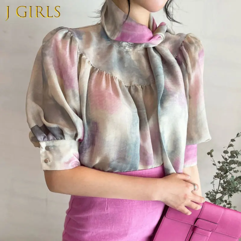 

J GIRLS Elegant Bow Bandage Stand Neck Women Blouse Korean Printing Fashion Lantern Sleeve Shirts Chic Summer 2022 New Blusas