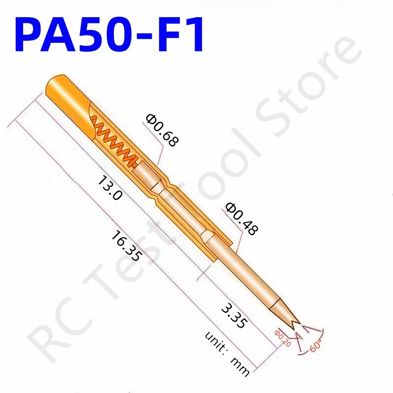 

100PCS PA50-F1 Spring Test Probe PA50-F Test Pin Test Tool 16.35mm Dia0.68mm Gold Needle Tip Dia 0.48mm Pogo Pin P50-F P50-F1