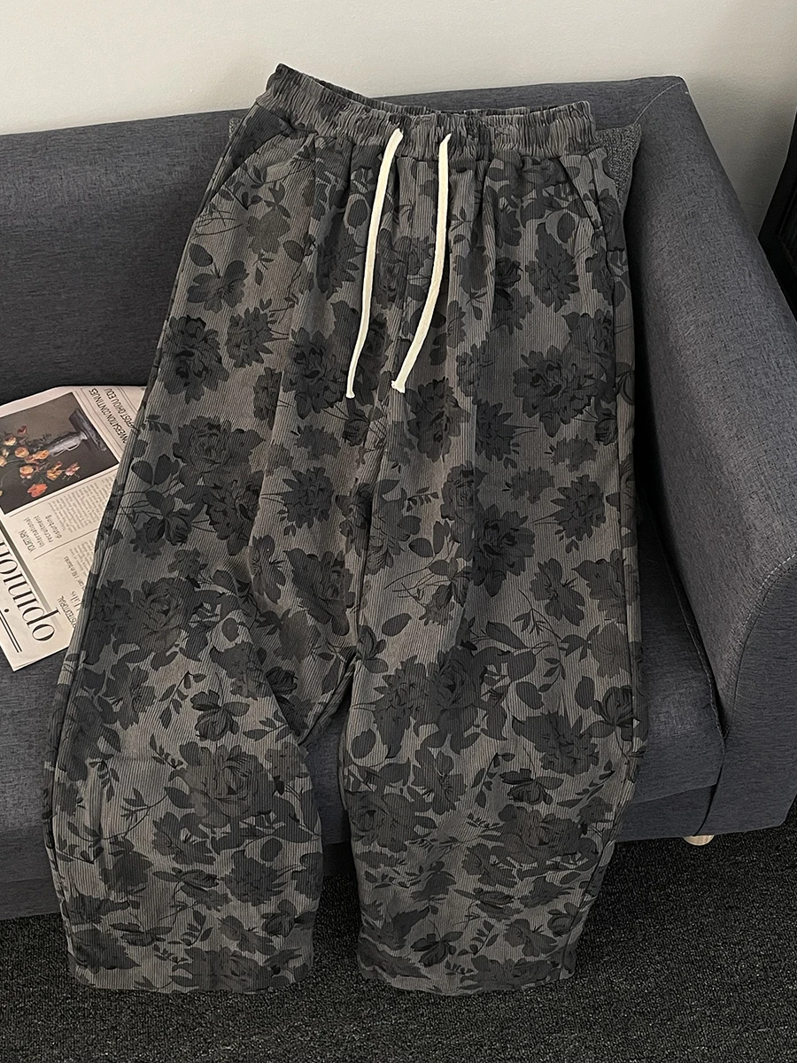 Американские винтажные вельветовые повседневные брюки с полным принтом мужские