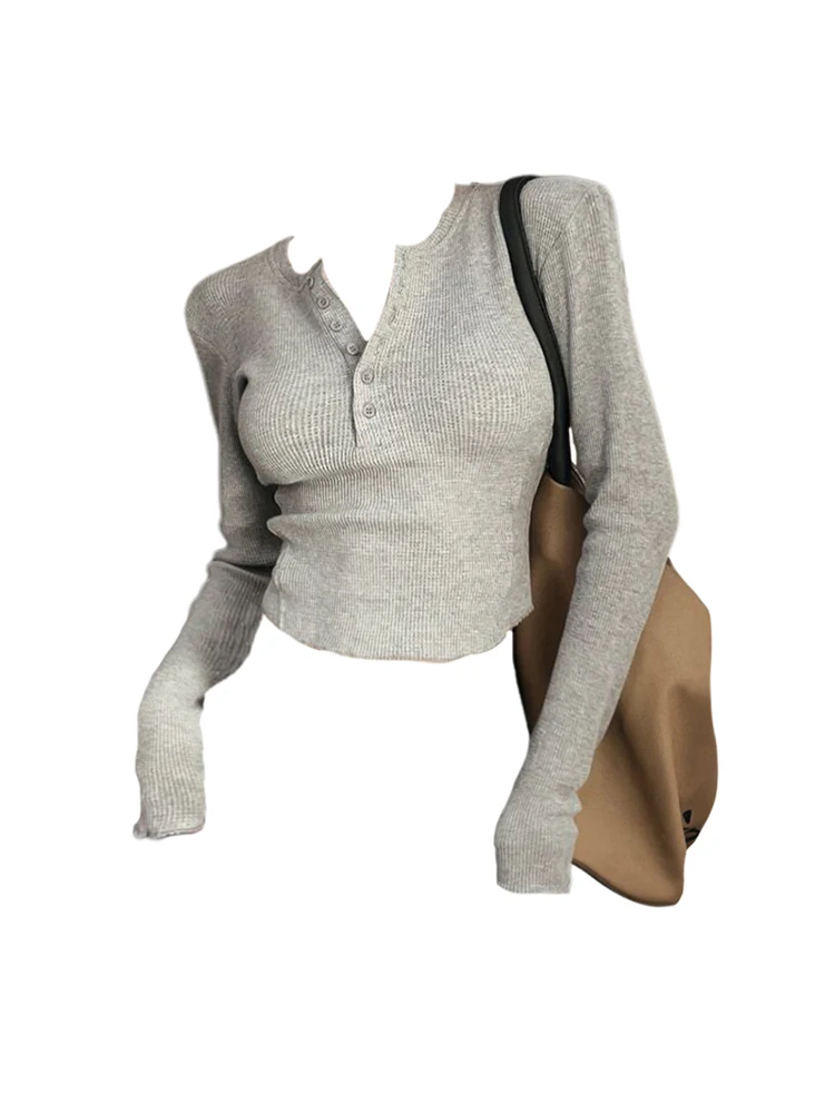 

American Retro Style Grey Tees Fashion T-Shirts Women Summer V-Neck Crop Top French Office Lady 2000s Aesthetic Y2k Streetwear