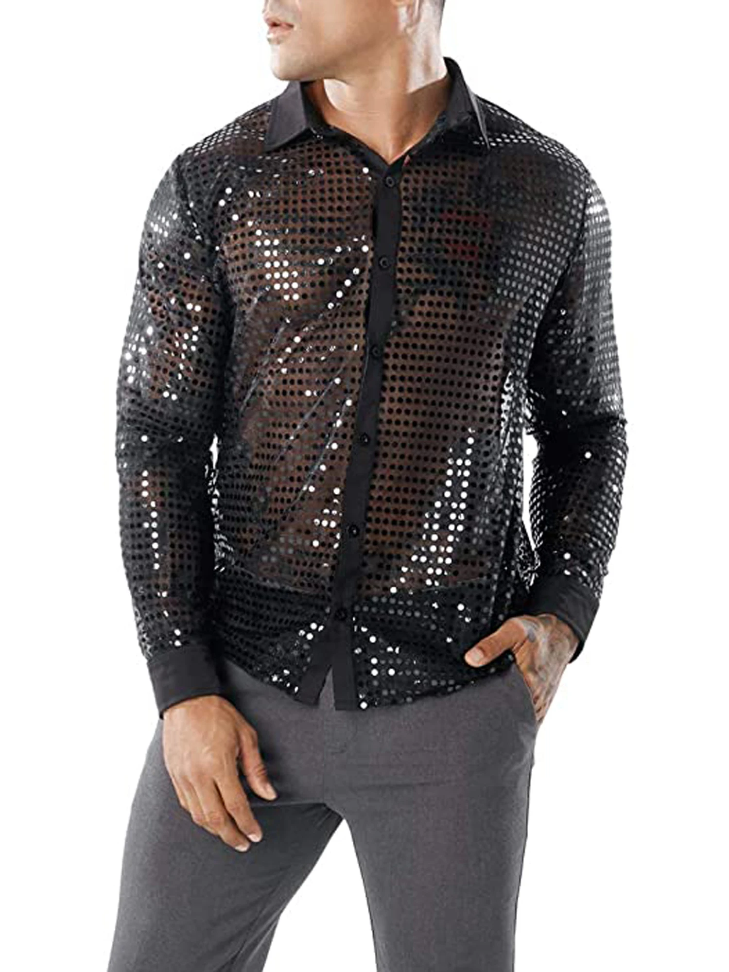 

Mens Sequin Shirt Button Down Long Sleeve Shiny Glitter Dress Shirt Tops Nightclub Party Costume Blouse Tops for Stage