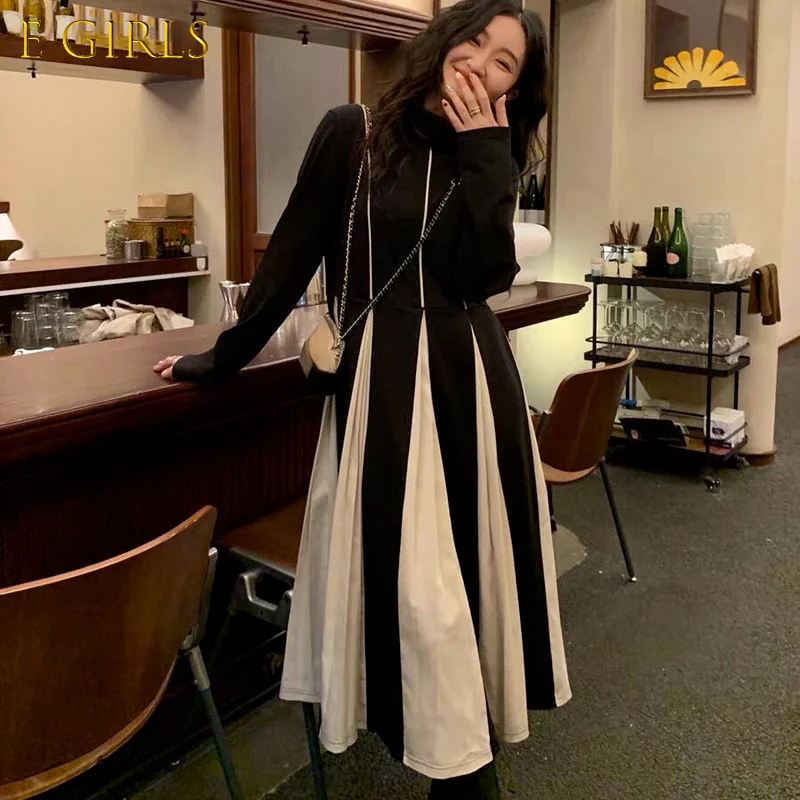 

E GIRLS Korean Contrast Color Woman Dress Long Sleeve Turtleneck Vestidos Femme 2022 Spring Autumn New Causal A-line Dresses