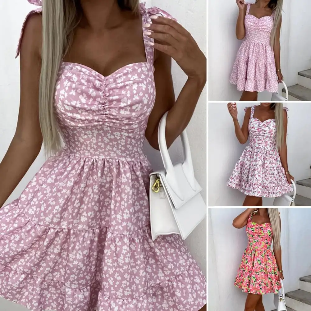 

Lightweight Fashion Vivid Blossom Print Casual Beach Dress Comfortable Mini Dress Adjustable Straps Streetwear
