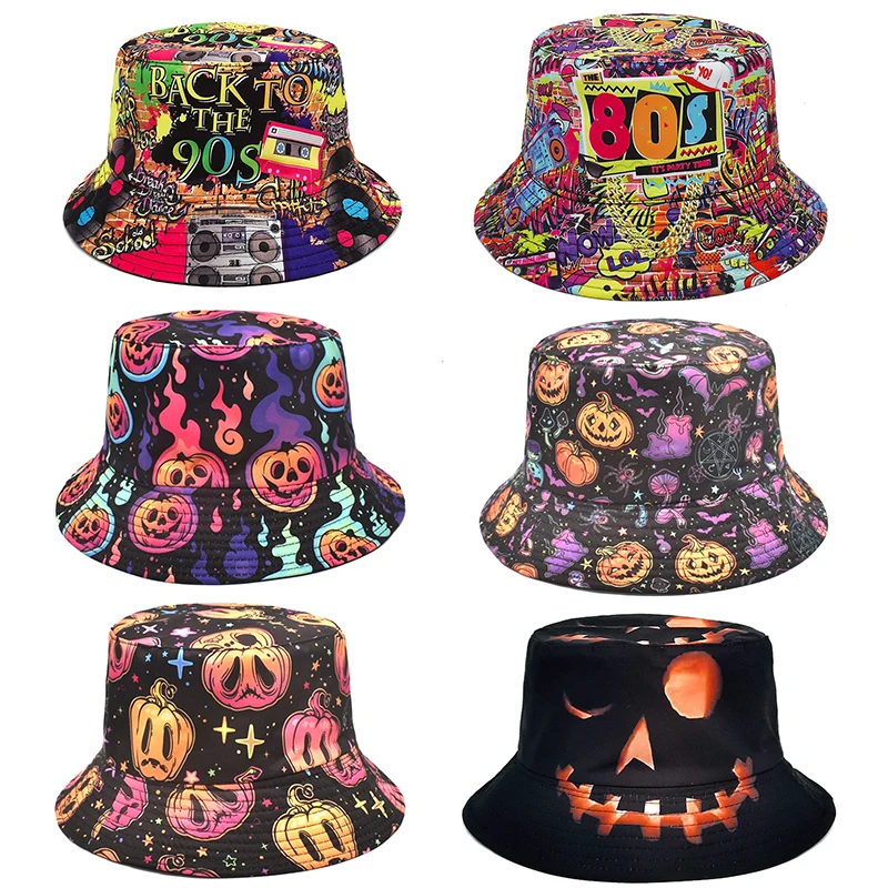

Cartoon Pumpkin Print Bucket Hats Funny Halloween Party Women Men Fisherman Cap Sunshine Outdoor Teens Beach Fishing Cap 2023