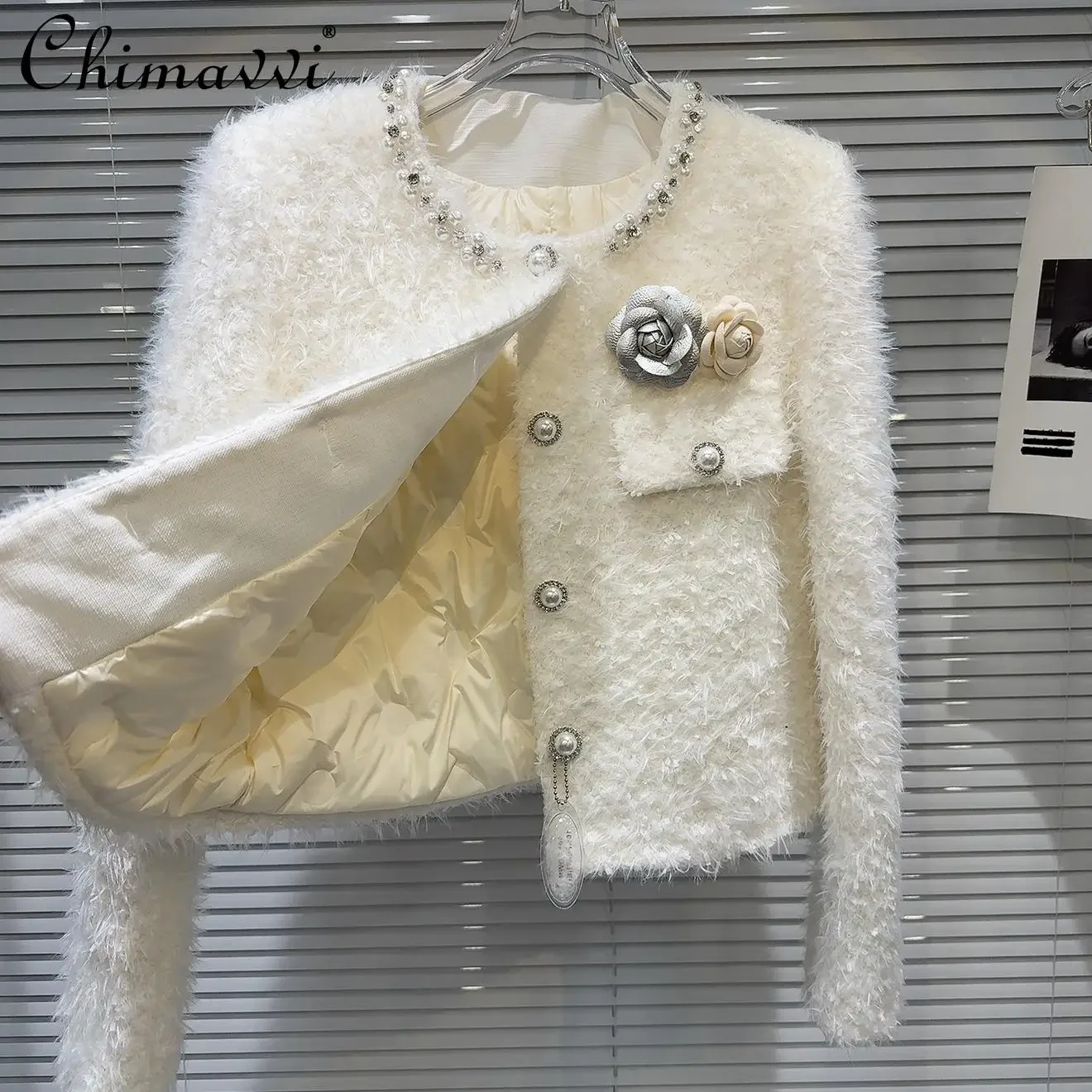 2024 зимняя новая французская модная шерстяная куртка с жемчужными пуговицами и