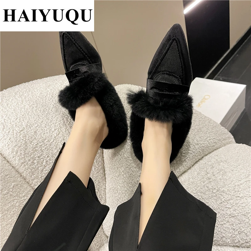 Элегантные меховые шлепанцы на низком каблуке женские замшевые мюли с острым