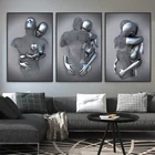 Романтические пары, металлическая статуя из сетки, Картина на холсте, серебристо-серая абстрактная художественная фигурка, живопись, современные постеры, печать для домашнего декора