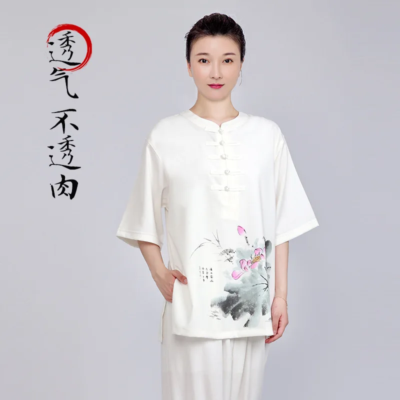 Chinese Style Cotton Linen Women Yoga Tai Ji Wushu Martial Arts Suits Flower Print Sweatshirt+pant Casual Exercise Wing Chun Set