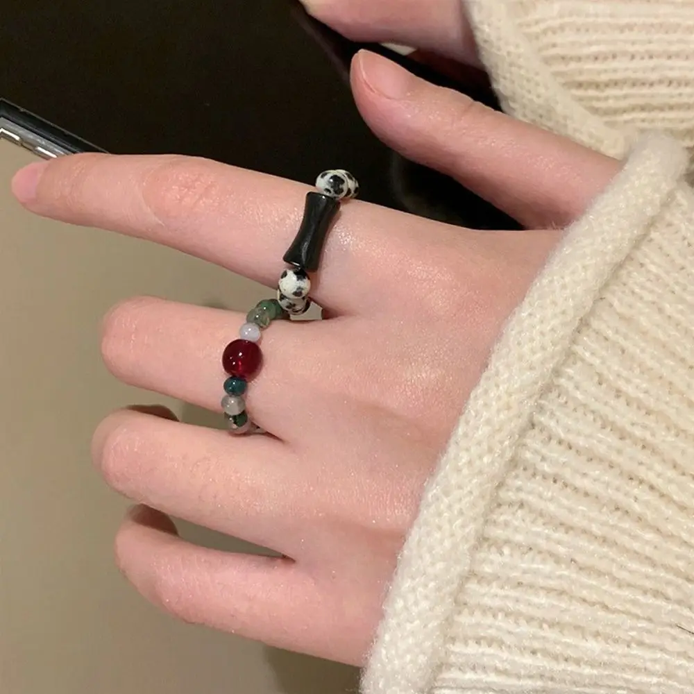 

Chinese Style Natural Stone Beaded Ring Elastic Adjustable Bamboo Ring Vintage Aesthetic Fashion Jewelry Birthday Gift