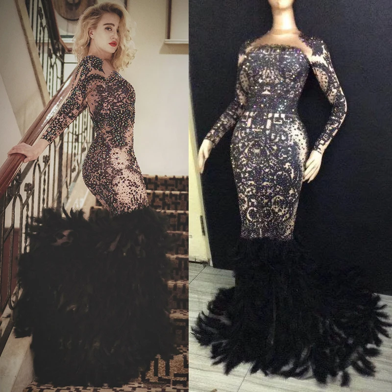 

Black Feather Full Rhinestones Long Dress Trailing Nightclub Sexy Performance Women Singer Birthday Party Evening Dresses DT347