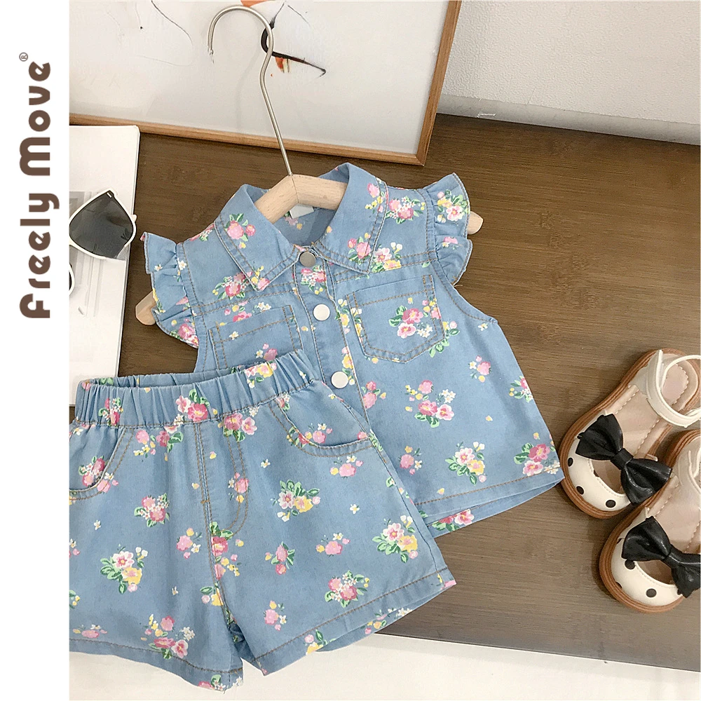 

Детский летний костюм из 2 предметов, джинсовая рубашка без рукавов с цветочным принтом и шорты, костюм для маленьких девочек, 2023