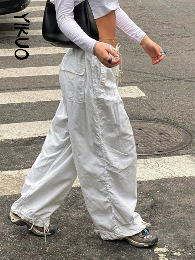 

YIKUO Boyfriend White Cargo Pants Baggy Pocket Patchwork Low Rise Casual Pants Women Streetwear 2022 Korean Fashion Trousers