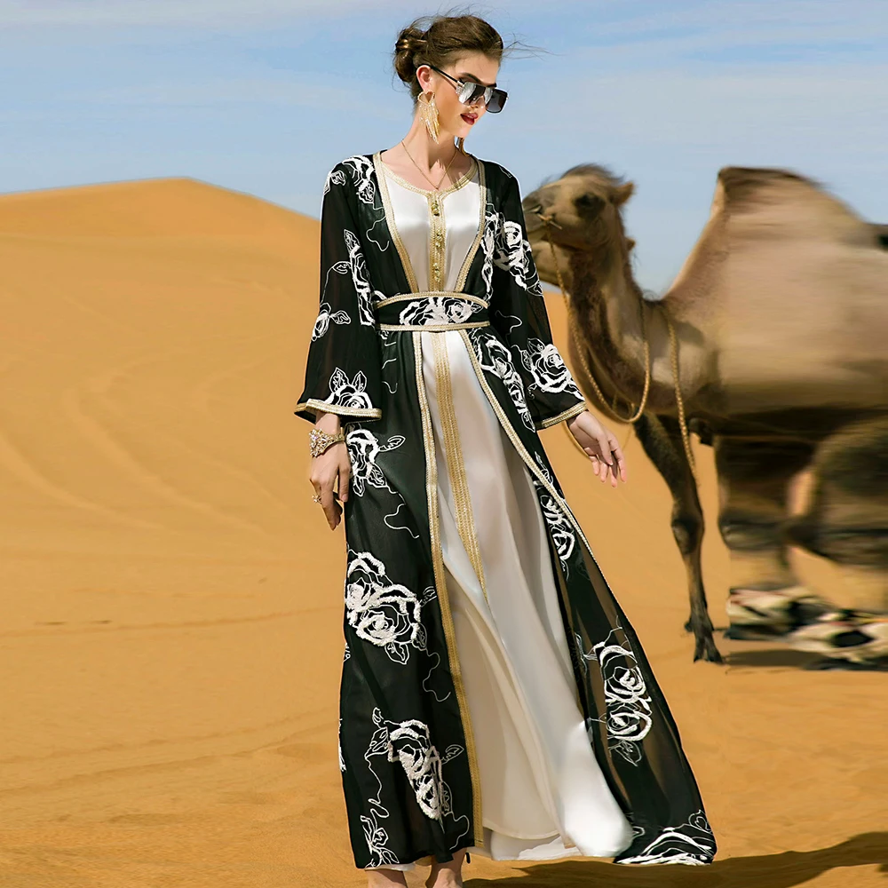 Рамадан Дубай открытая кимоно Abaya Турция Ислам Мусульманский комплект арабское длинное платье Abaya s для женщин Caftan Marocain Robe Femme