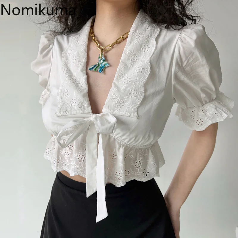 

Nomikuma Blusas Mujer De Moda 2022 Puff Sleeve High Waist Lace Patchwork Shirts Blouses Retro Sexy Elegant Camisas De Mujer