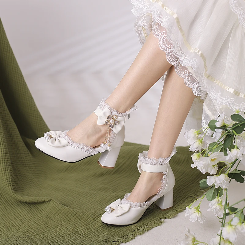 Girls Lolita Spring Summer Boots Cool Side Open Women Platform Chunky Heel Ankle Shoes JK Uniform Cosplay Pearls Bow Back Zipper images - 6