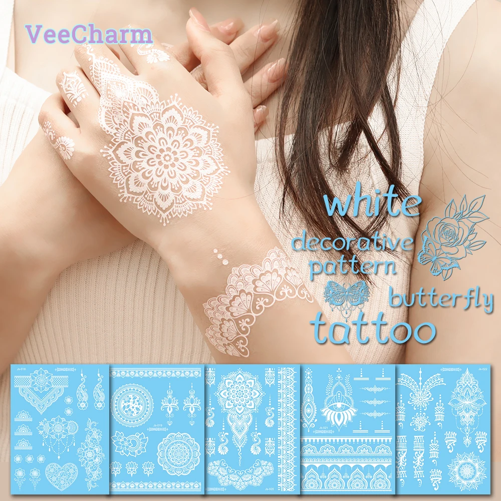 VeeCharm-белая Мандала хна тату наклейки для женщин/взрослых кружево Бабочка лотос