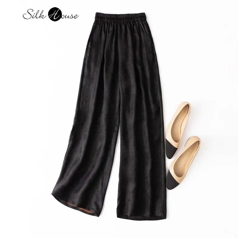 Women's Fashion New Luxury Quality Silk Jacquard Black Xiangyun Gauze Loose Silhouette Artistic Feeling Silk Wide Leg Capris
