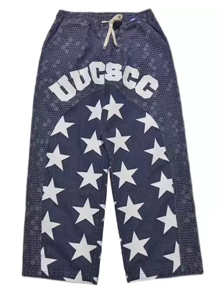 Y2k Clothes Men's Jeans Loose American Pentagram Print Straight Pants Loose Plus Size Workwear Wide Leg Pants Streetwear Denim