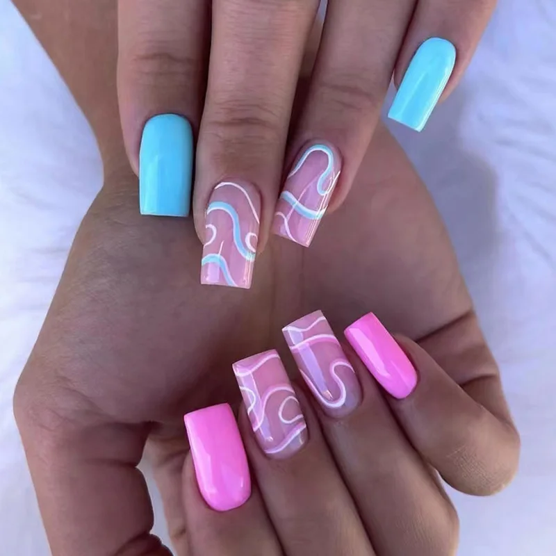 

W172 Multicolor Faux Ongles Press on Square Nails Set with Designs