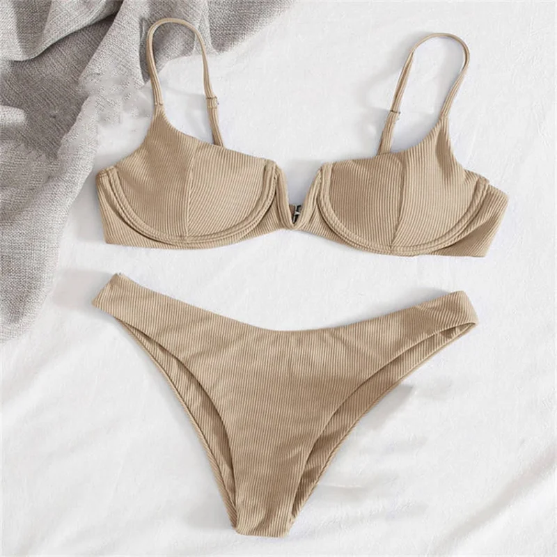 

Push Up Bikini Thong Women Swimsuit 2023 New Solid V Neck Ribbed Swimwear Bikinis Set Summer Beachwear Bathing Suit For Female