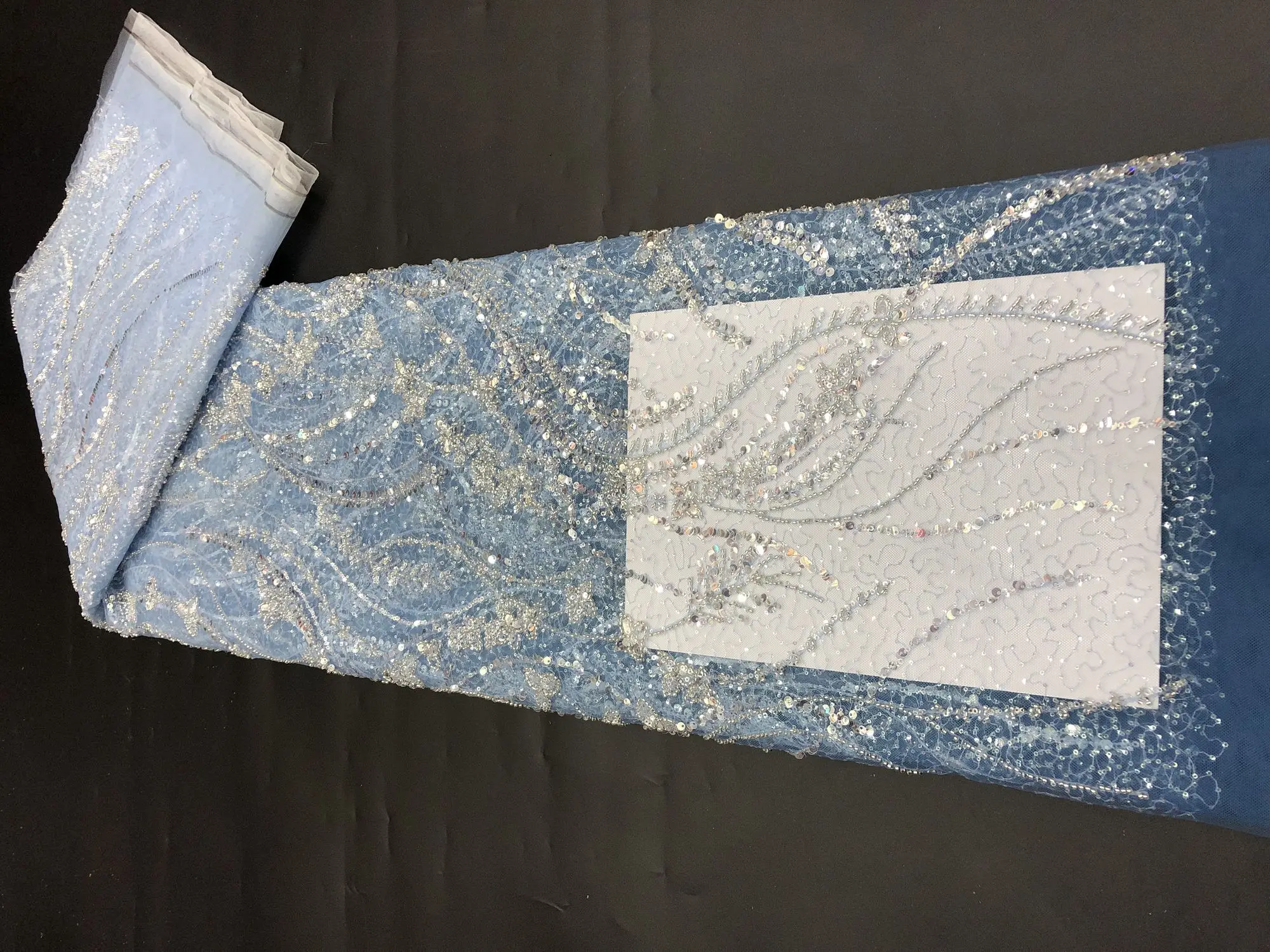 

2023 Blue High Quality African 5 Yards Net Lace Fabric French Bridal Luxury Embroidery Beaded Sequins Lace Fabric For Wedding