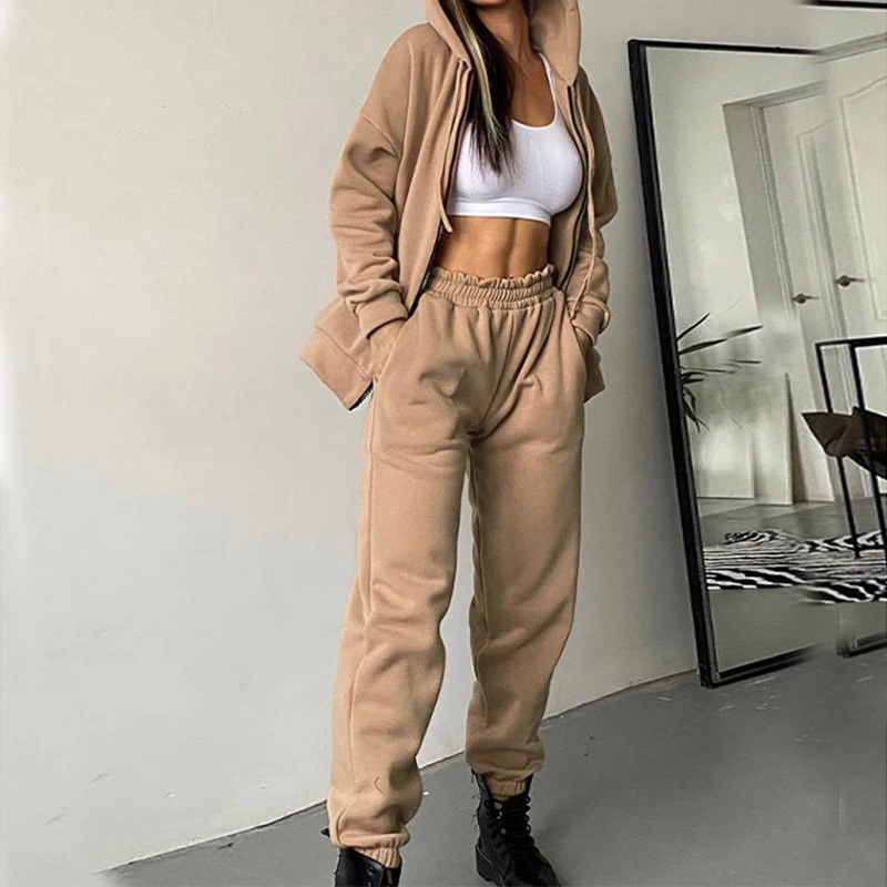 

New Zipper Hooded Sweatshirt Trousers Suit Fashion Loose Hoodies Tracksuit Two Piece Set Women Winter Casual Comfortable Outfits