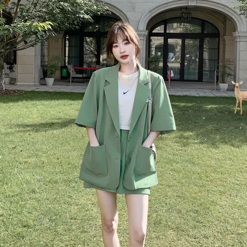 Plus Size Women's 2 Piece Solid Half Sleeve Blazer and Pants Business Office Suit Shorts Set