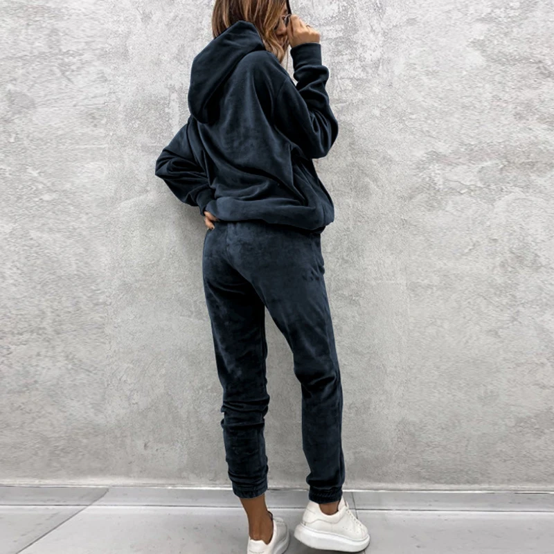Winter Velvet Two Piece Set Women Fashion Solid Long Sleeve Hoodie Sweatshirt And Pants Tracksuit Ladies Elegant Slim Suits Fall