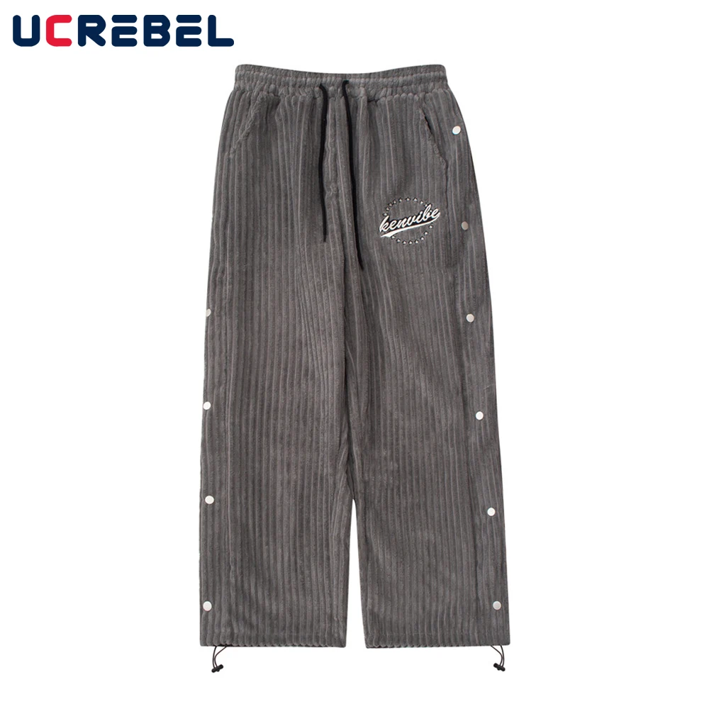

Letter Embroidery Corduroy Pants Mens Streetwear Side Breasted Casual Pants Elastic Waist Loose Sports Pants Men
