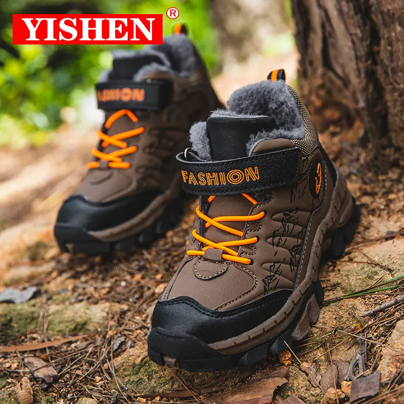 YISHEN Kids Sneakers Fashion Plush Warm Sport Shoes Winter Children Casual Shoes Outdoor Leather Non-Slip Snow Boots For Boys