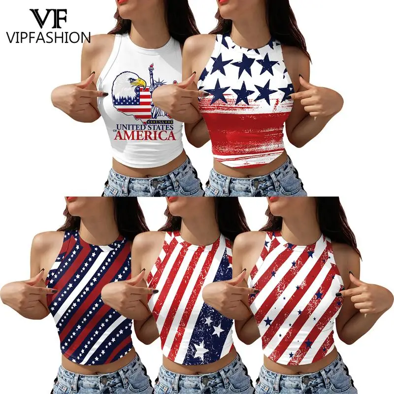 

VIP FASHION Independence Day American Flag Print Sexy Streetwear Ultra Short Crop Top Sleeveless Summer Clothes for Women