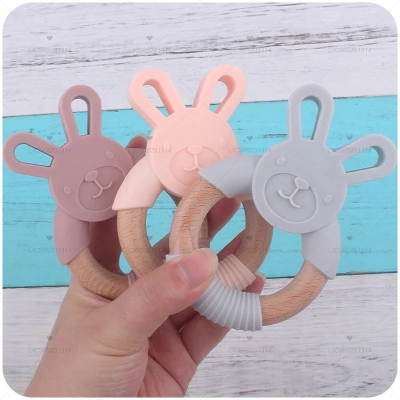 BPA Free Silicone Baby Teether Cartoon Rabbit Wooden Ring Newborn Handhold Teething Toys Rodent Molar Play Gym Educational Toy