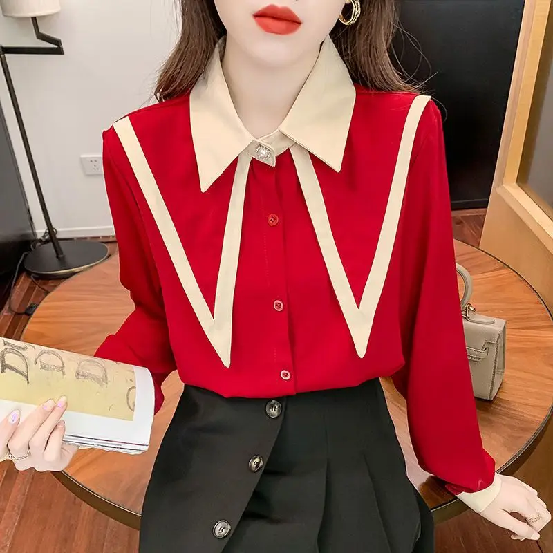 

French Vintage Lapel Collar Shirts for Women Autumn 2023 Korean Sweet Graceful Pearl Puff Sleeve Chiffon Patchwork Blouse A463