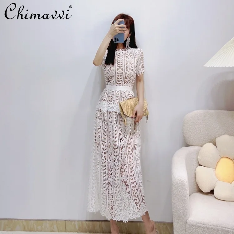 2022 New Spring and Summer Lace Round Neck Short Sleeve Dress Women's Fashion Hollow out High Waist Slim White Dress Ladies