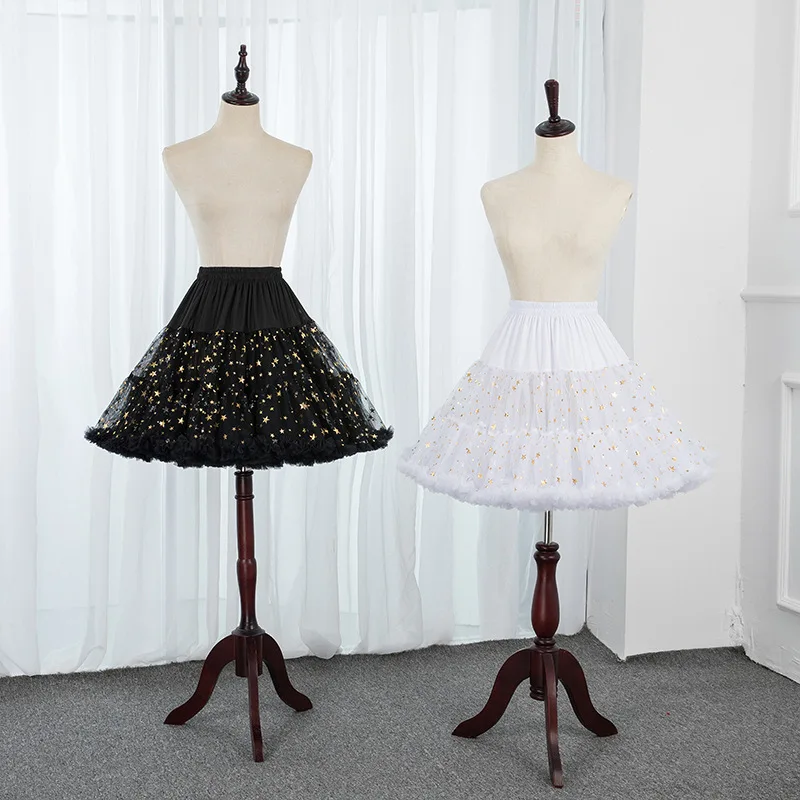 

Pretty Ballgown White Black Vintage Rockabilly Gold Stars Underskirt Tulle Puffy Short Lolita Petticoats 2023