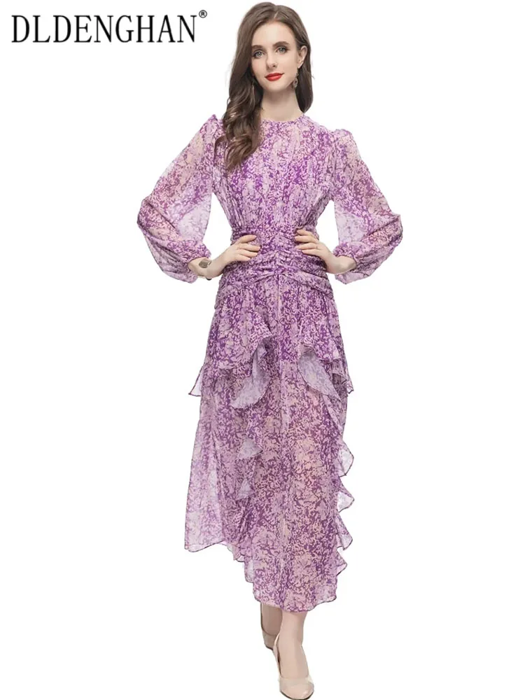 

Платье DLDENGHAN женское с круглым вырезом, Элегантное Длинное модельное платье с рукавами-фонариками, оборками и цветочным принтом, весна-лето
